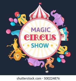 Circus show round composition with elephants lions and circus artists symbols and editable text flat vector illustration