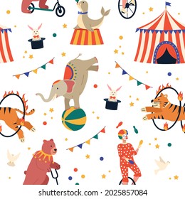 Circus show seamless pattern. Funny carnival amusement background, cute cartoon trained animals and clown juggler on unicycle. Decor textile, wrapping paper, vector print or fabric