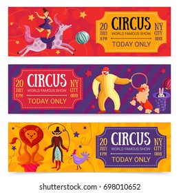 Circus show set of horizontal banners with girl rider, clown, animals on colorful backgrounds isolated vector illustration