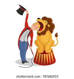 Circus show. The tamer put his head in a lion's mouth. Cartoon vector illustration.