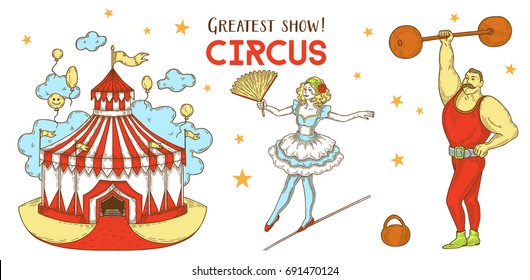 Circus show, Circus tent, ballerina acrobat on rope, strong man with weights and dumbbells, set Illustrations