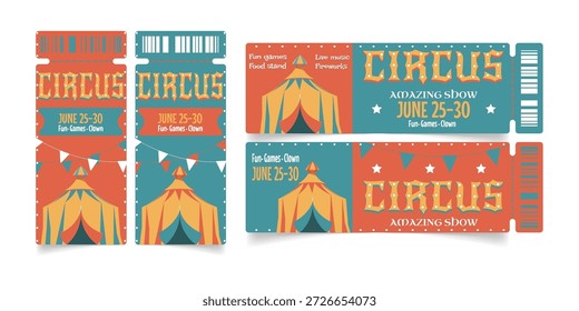 Entradas del espectáculo del circo fijadas aisladas en el fondo blanco. Ilustración de dibujos animados de Vector de Plantilla de Cupón vintage con carpa de circo y texto de estilo retro, admisión a funfair o festival de entretenimiento