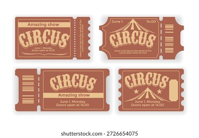 Entradas del espectáculo del circo fijadas aisladas en el fondo blanco. Ilustración de dibujos animados de Vector de Plantilla de Cupón vintage con carpa de circo y texto de estilo retro, admisión a funfair o festival de entretenimiento