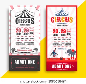 Circus show tickets set with tent. Vector template carnival banner.