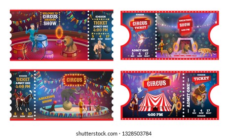 Circus show tickets vector design of carnival and amusement park admission card templates. Chapiteau top tent arena with trained animals, juggler and acrobats, magician, strongman and tamer