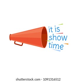 Circus show time program. Invitation to activity, event, loud show, presentation and opening. Banner, billboard with horn. Greeting, invitation to circus performance, poster. Illustration isolated.