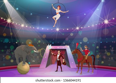 Circus show trick illusionist, animal tamer and acrobat. Vector big top circus performance magician with stick and hat, equilibrist on aerial hoop and elephant on ball juggling ring