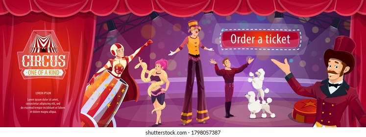 Circus show vector flyer with big top performers ringmaster, man cannonball and tamer with trained dogs, woman snake charmer or stilt walker. Cartoon artists on big top tent circus arena perform show