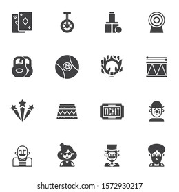 Circus show vector icons set, modern solid symbol collection, filled style pictogram pack. Signs, logo illustration. Set includes icons as cards trick, magician, fire ring, unicycle, circus artist