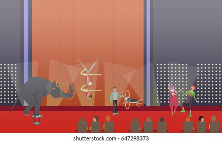 Circus show vector illustration. Animal show with trained elephant and dog, aerial acrobats and clowns performing on stage flat style design elements.