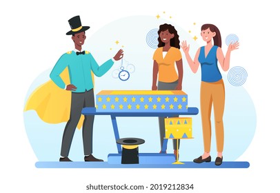 Circus showman actor male character show magic tricks. Female spectators cheerfully applaud. Happy audience. Flat cartoon vector illustration concept design isolated on white background.