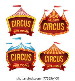 Circus Sign Set Vector. Night Carnival Sign. Circus Tent Poster. Carnival Light Bulb Frame. Flat Isolated Illustration