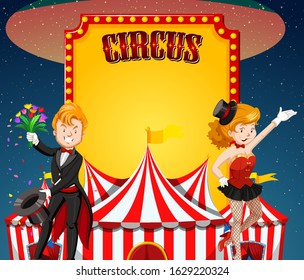 Circus sign template with magicians doing show illustration