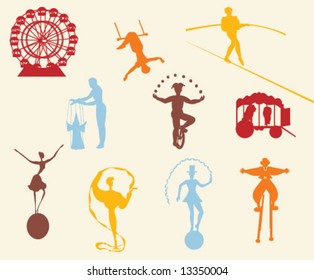 CIRCUS SILHOUETTES. Graphic elements and entertainment icons. Can be use as stickers, labels, prints etc. Editable vector illustration file.