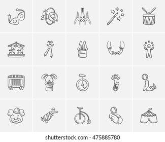 Circus sketch icon set for web, mobile and infographics. Hand drawn circus icon set. Circus vector icon set. Circus icon set isolated on white background.