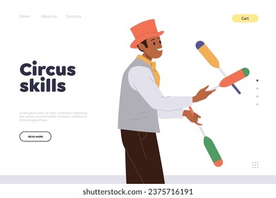 Circus skills promotion landing page template with talented juggler performing with clubs design