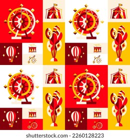 Circus Square Seamless Pattern. Vector Illustration of Entertainment Background.