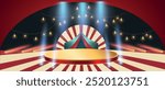 Circus stage with arches and arenas.Background with circus stage and red theater curtains. 3d inside a circus tent. Carnival show podium with frame with light bulbs and vector illustration