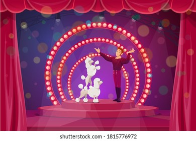 Circus stage with big top tent performers tamer and trained dogs. Vector trainer artist character performing tricks with poodles on scene with red backstage and spotlights. Cartoon circus performance