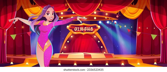 Circus stage or carnival tent arena with performer cartoon vector background. vintage marquee podium and light game concept with female artist illustration. Spotlight and red curtain for game scene