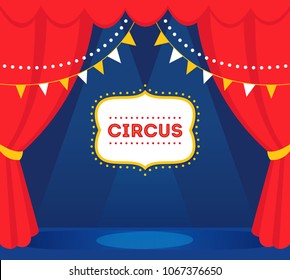 Circus Stage With Lights, Red Curtains And Marquee Sign. Vector Design