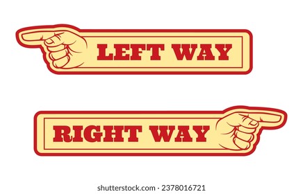 Circus stickers. Left or right way pointers. Fairground billboards. Retro attraction park labels. Entertainment game signboards. Direction fair icon. Isolated festival signposts. Vector pointing hands