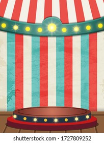 Circus striped background with vintage tent and podium. Design for presentation, concert, show. Vector illustration