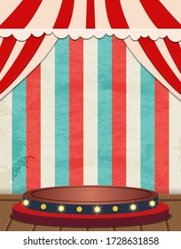 Circus striped background with vintage tent and podium. Design for presentation, concert, show. Vector illustration