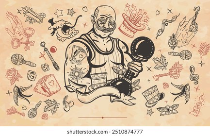 Circo. Hombre fuerte con pesas. Viejo Vector de papel. Plantilla de portada. Fondo de arte. Estilo de manuscrito medieval