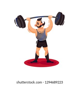 Circus strong man holding heavy barbell over his head. Guy with black mustaches. Cartoon vector design