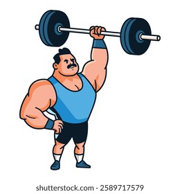 Circus strong man with a mustache lifting a dumbbell. vector illustration, perfect for carnival, and strength designs.