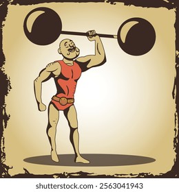 Circus strongman displaying strength by carrying a large weight, vector illustration in vintage style.