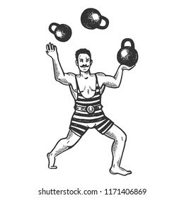 Circus strongman juggles with weights engraving vector illustration. Scratch board style imitation. Black and white hand drawn image.