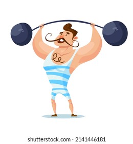 Circus strongman lifting barbell. Man in cartoon style.