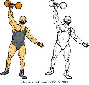 Circus strongman lifting a heavy dumbbell with one hand, isolated against white. Hand drawn vector illustration.