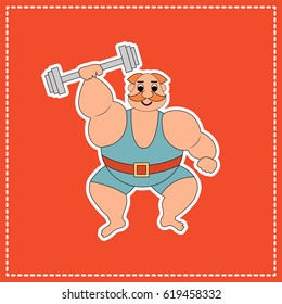 Circus strongman on a red background.. Vector illustration.