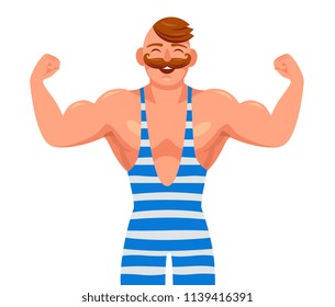 circus strongman.  strong athlete with a mustache shows his muscle cartoon vector illustration.