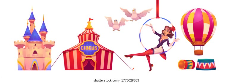 Circus stuff and artist big top tent, aerial gymnast girl sit on hoop, castle building, air balloon and white doves, amusement park decoration isolated on white background, cartoon vector illustration