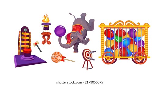 Circus Zeug und Elefant, großer Top-Zelttierkünstler mit Ball, Radkäfig mit Ballons, Lollipop, Freizeitpark-Attraktion mit Hammer und Knopf, Zauberhut und Ziel, Cartoon-Vektorset