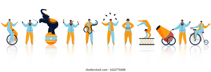 Circus Stuntmen or Men Characters performing in Different Types with Elephant.