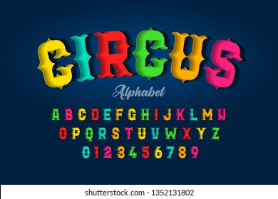 Circus style font design, alphabet letters and numbers vector illustration