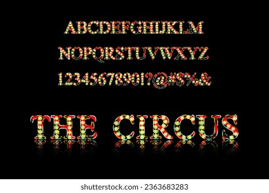 Circus style font design, light bulb alphabet, letters and numbers vector illustration