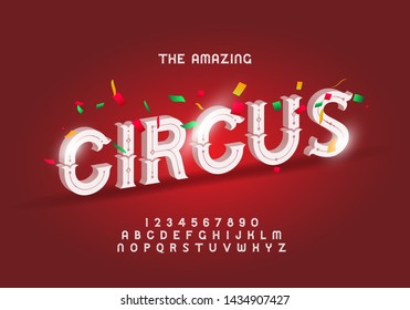 Circus style modern font, alphabet letters and numbers vector illustration