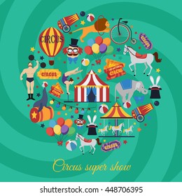 Circus super show icons in round shape with artists animals equipment on green spiral background vector illustration 