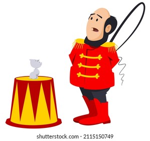 Circus tamer with small kitten. Illustration concept for mobile website and internet development.