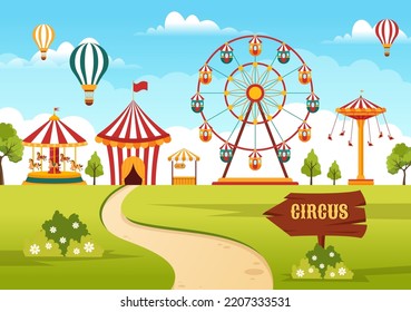 Circus Template Hand Drawn Cartoon Flat Illustration with Show of Gymnast, Magician, Animal Lion, Host, Entertainer, Clowns and Amusement Park