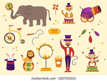Circus Template Hand Drawn Cartoon Flat Illustration with Show of Gymnast, Magician, Animal Lion, Host, Entertainer, Clowns and Amusement Park
