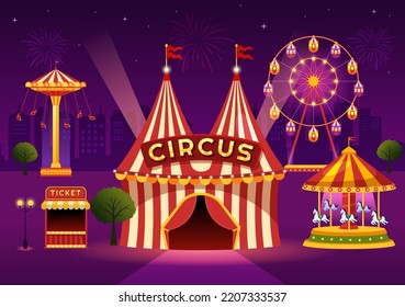 Circus Template Hand Drawn Cartoon Flat Illustration with Show of Gymnast, Magician, Animal Lion, Host, Entertainer, Clowns and Amusement Park