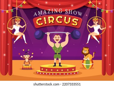 Circus Template Hand Drawn Cartoon Flat Illustration with Show of Gymnast, Magician, Animal Lion, Host, Entertainer, Clowns and Amusement Park