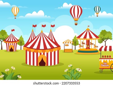 Ilustración plana de caricatura dibujada a mano con imágenes de gimnasta, mago, león animal, presentador, artista, payaso y parque de atracciones